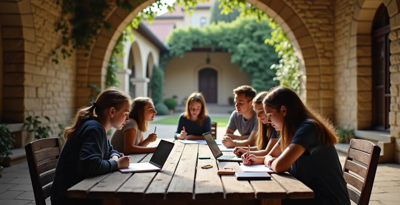Adolescents collaborant autour d'une table avec carnets et tablettes pour créer du contenu sur leur visite patrimoniale