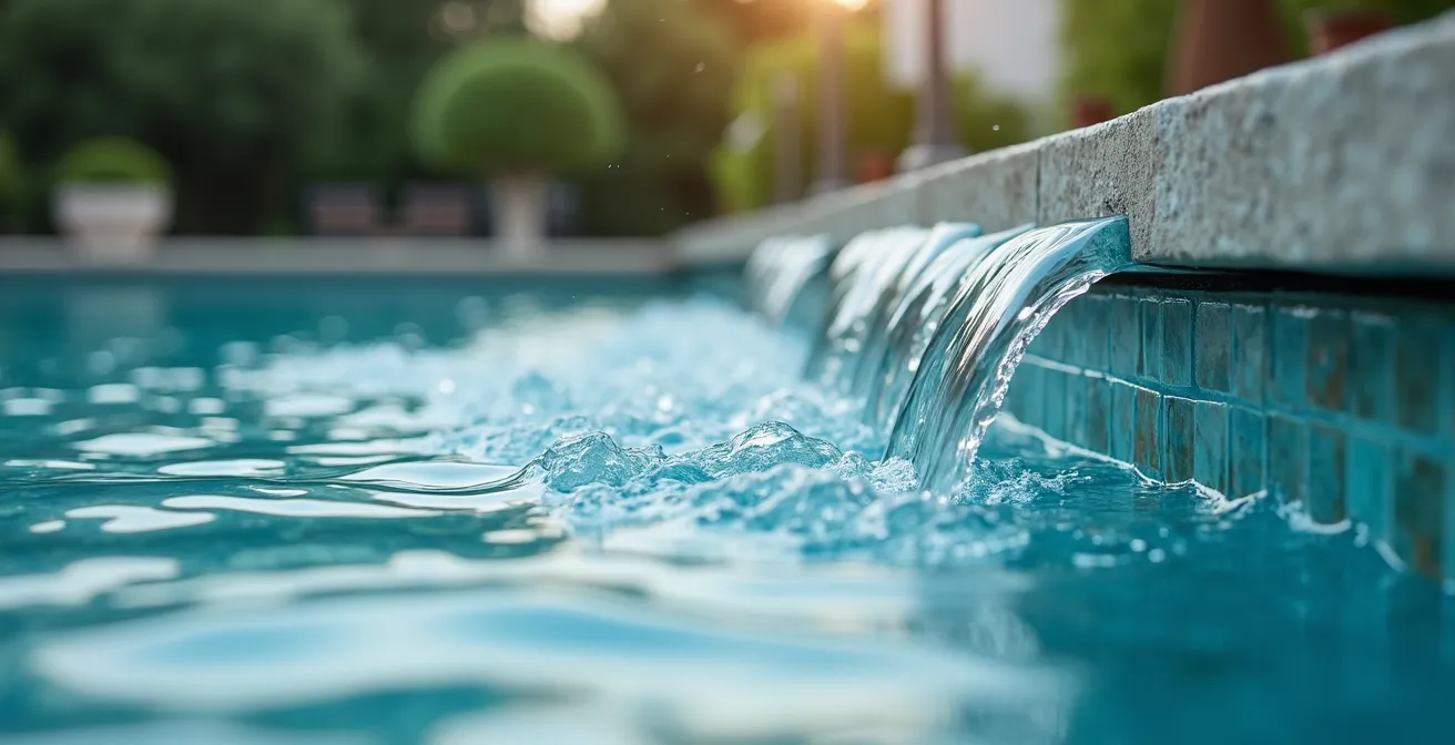 Vue en coupe technique d'une piscine à débordement montrant le système de sécurité et le bac de récupération