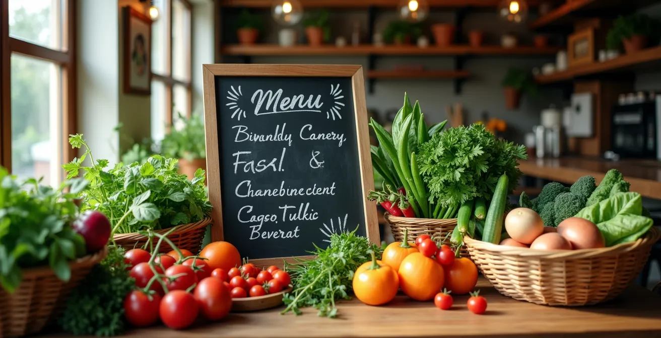 Vue d'ensemble d'une ardoise de restaurant avec menu du jour écrit à la main, produits frais du marché disposés autour