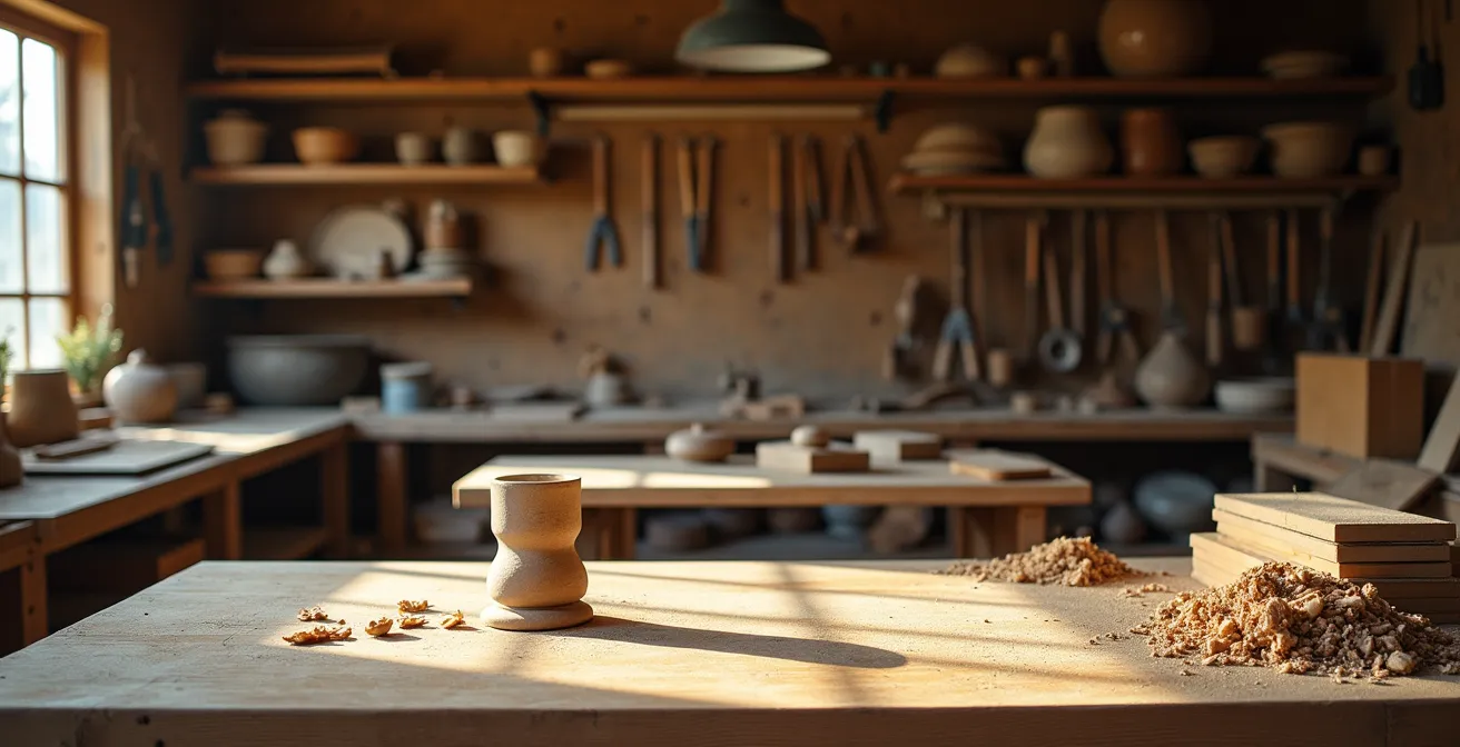 Vue d'ensemble d'un atelier d'artisan avec outils usés et matières premières