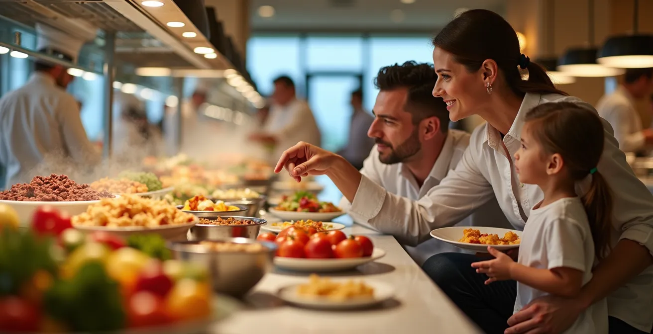 Famille au buffet d'un resort avec stations de cuisine variées