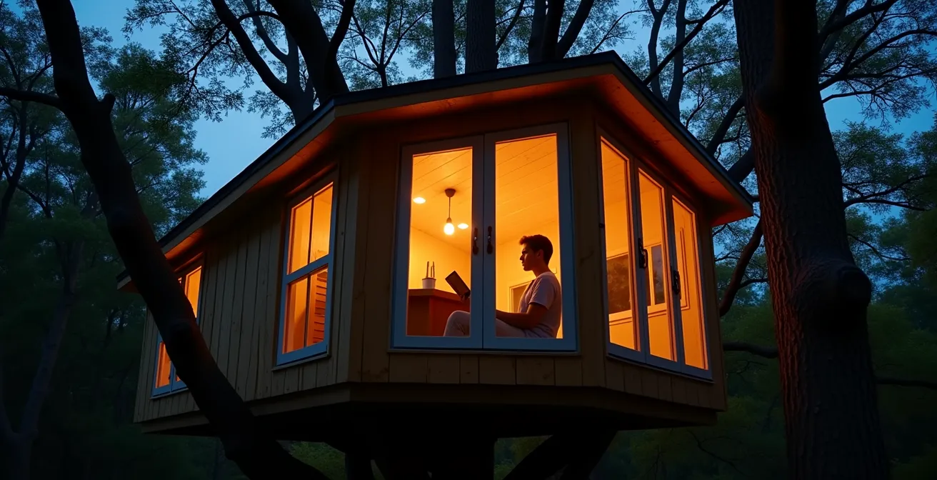 Cabane perchée dans les arbres éclairée par des lumières ambrées au crépuscule
