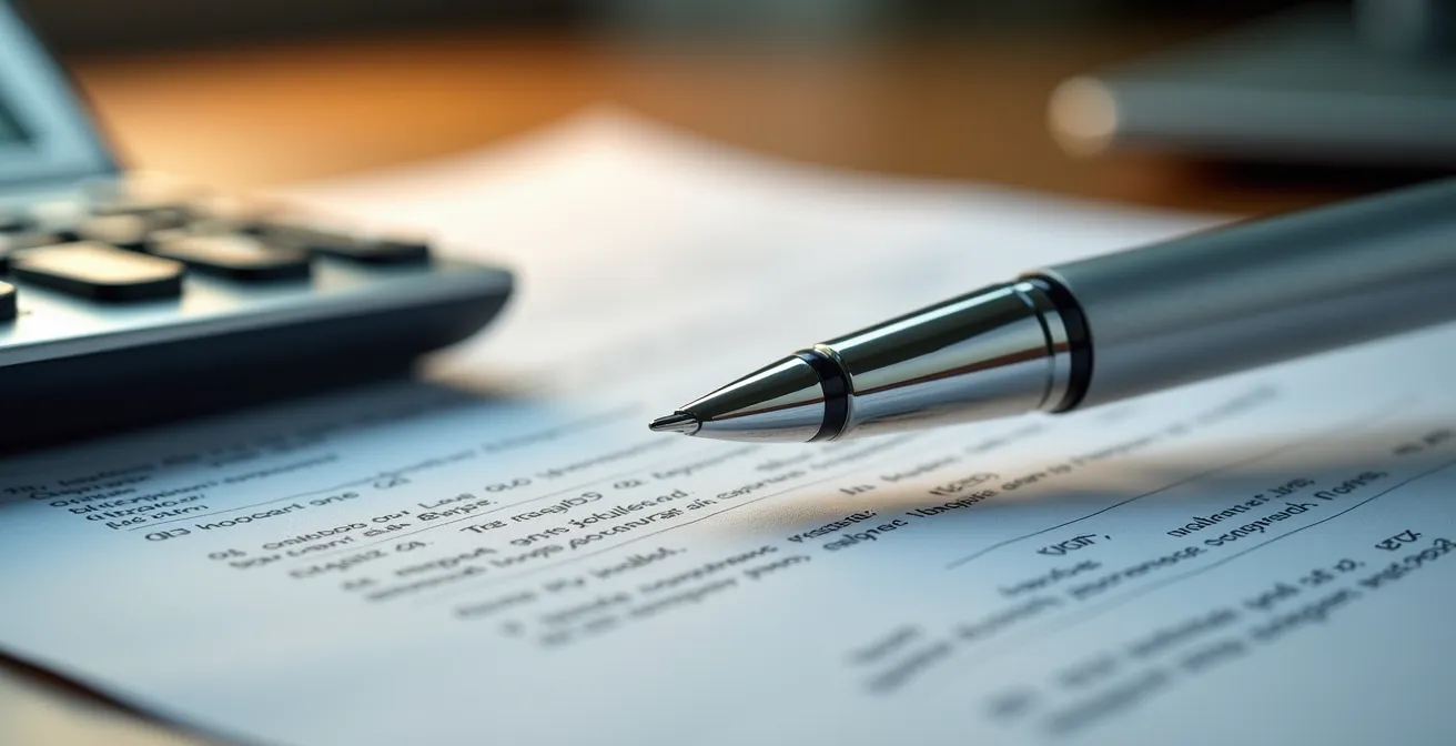 Vue macro sur des documents d'assurance voyage avec calculatrice et stylo, évoquant le calcul des franchises