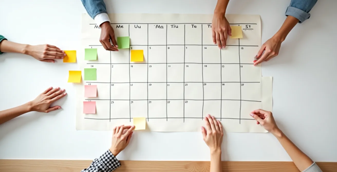 Plusieurs mains posant des post-its colorés sur un grand calendrier mural