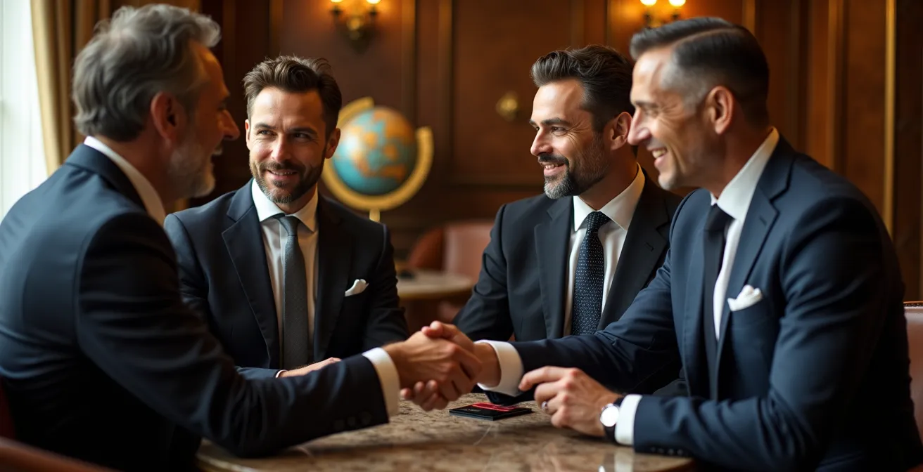 Salon privé élégant avec voyageurs en discussion autour d'une table de marbre