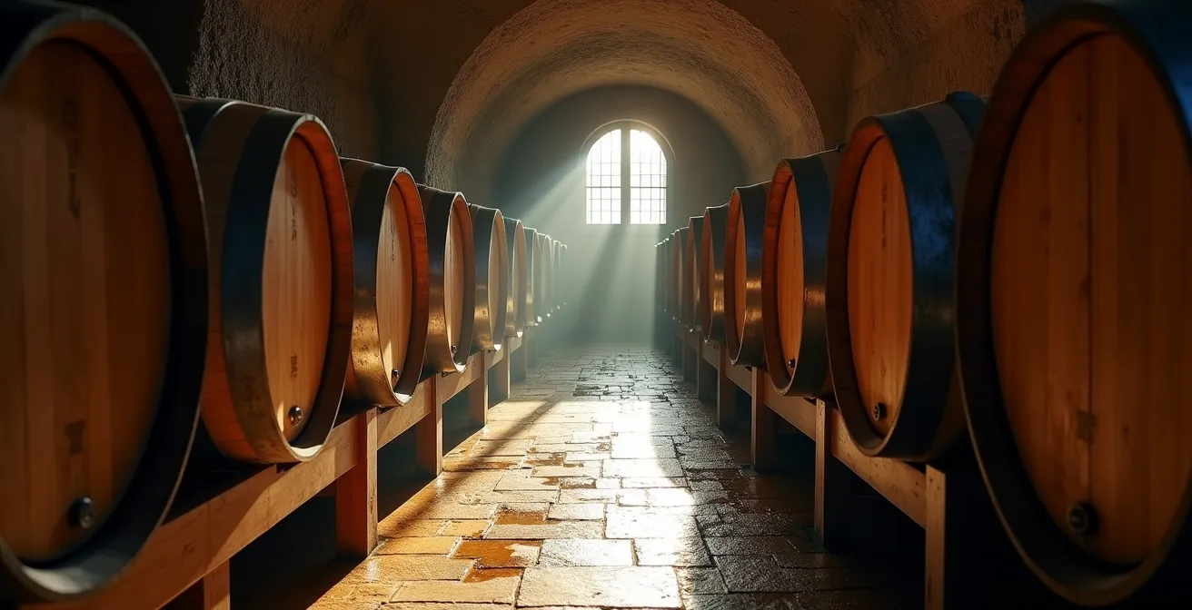 Vue large d'un chai traditionnel avec rangées de barriques en chêne, représentant une visite authentique