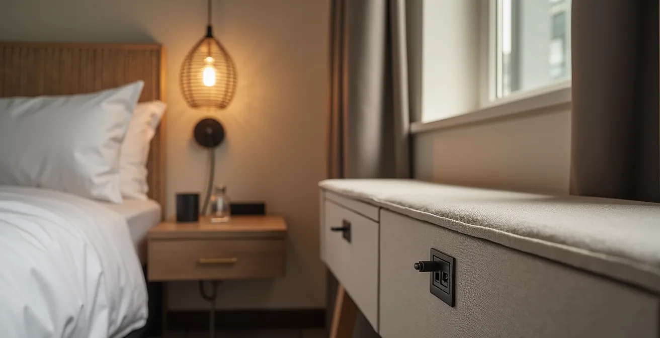 Vue macro sur les détails ergonomiques d'une chambre d'hôtel compacte