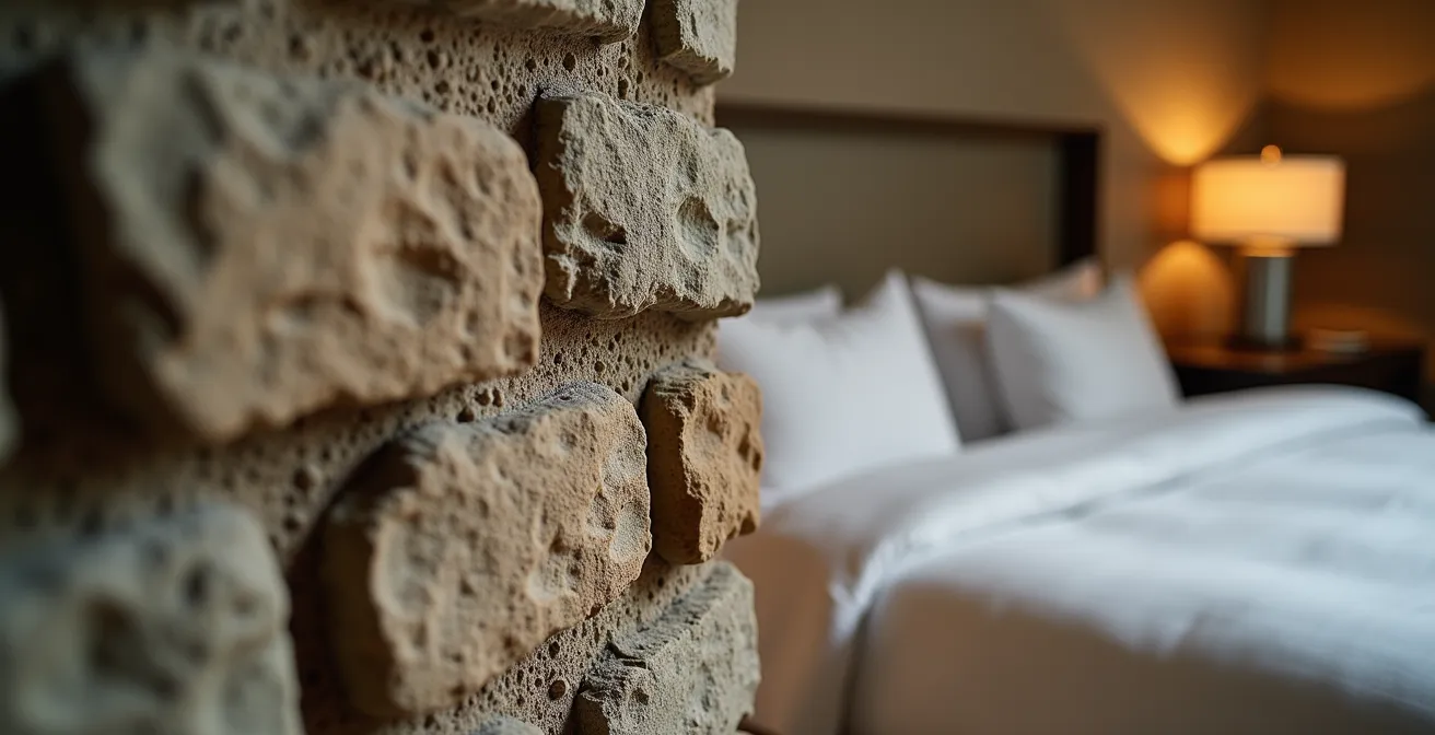 Chambre d'hôtel aménagée dans une ancienne cellule avec murs de pierre apparents