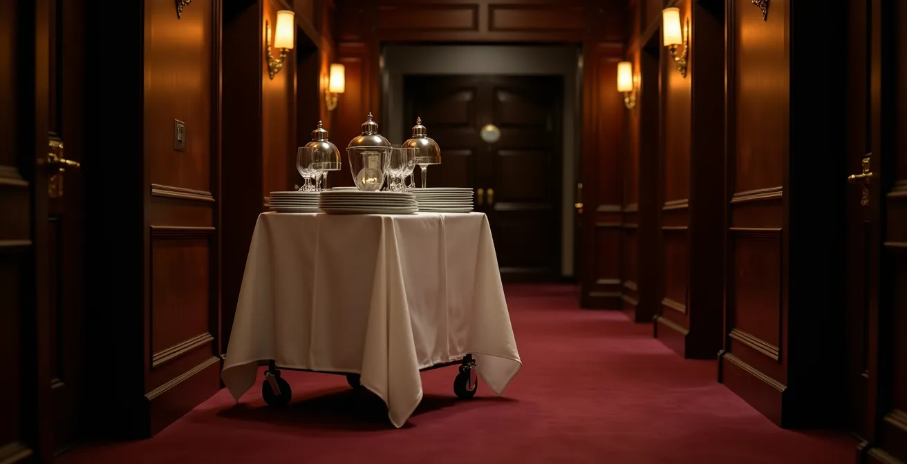 Chariot de room-service élégant dans le couloir feutré d'un hôtel de luxe avec éclairage tamisé