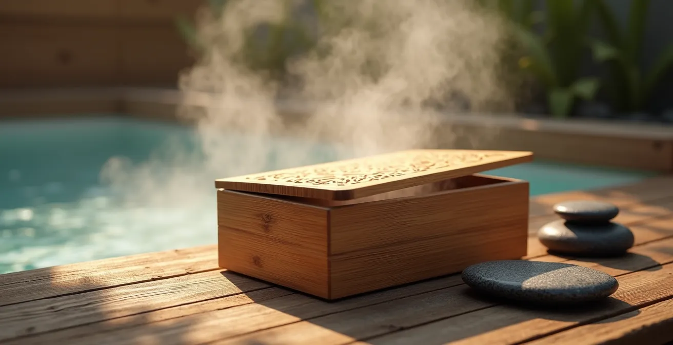 Coffre-fort en bambou naturel contenant des smartphones, placé dans un environnement spa zen