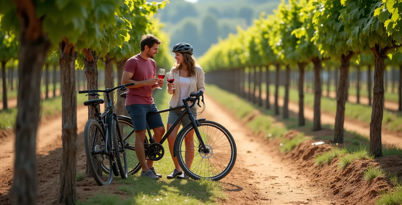 Cyclistes faisant une pause dégustation au milieu des vignes avec vue sur différents types de sols