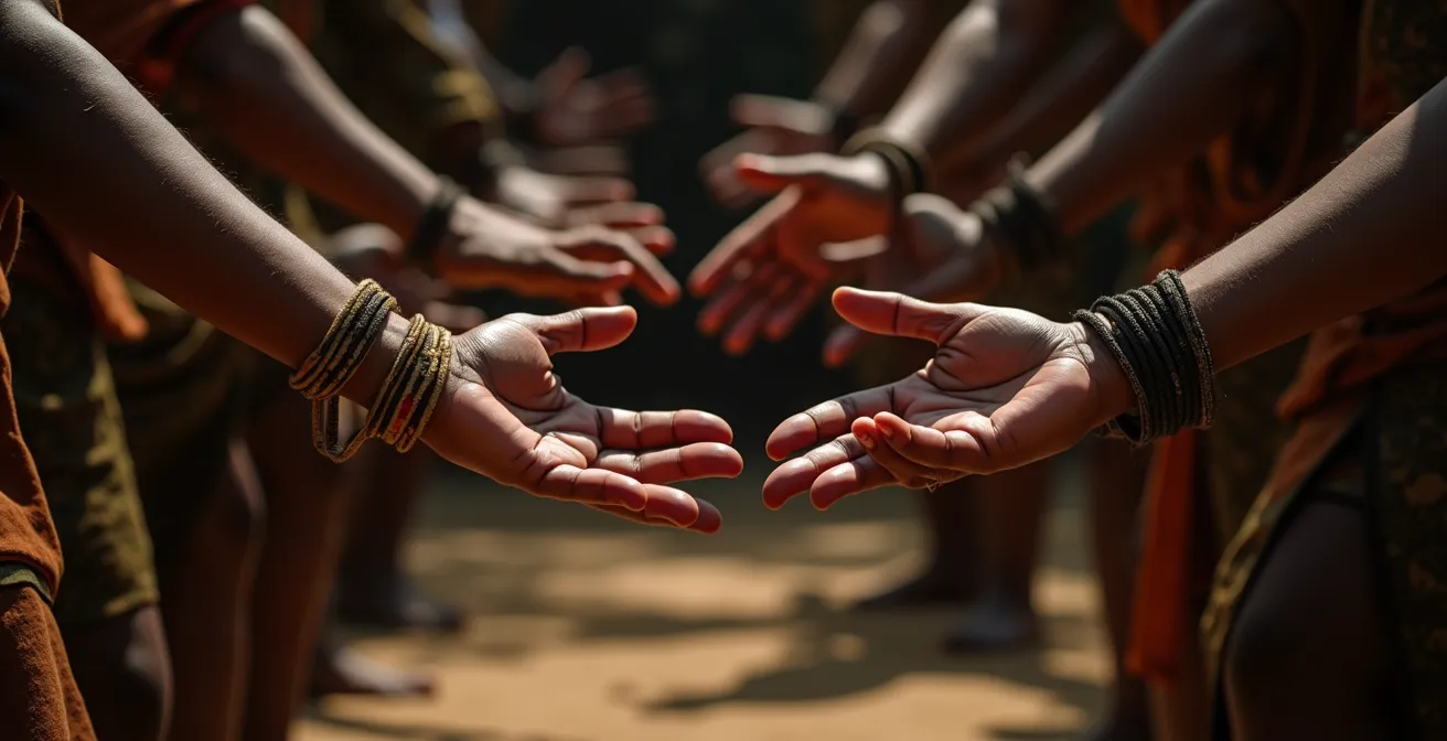 Mains de danseurs traditionnels en mouvement circulaire avec ombres projetées formant des motifs symboliques