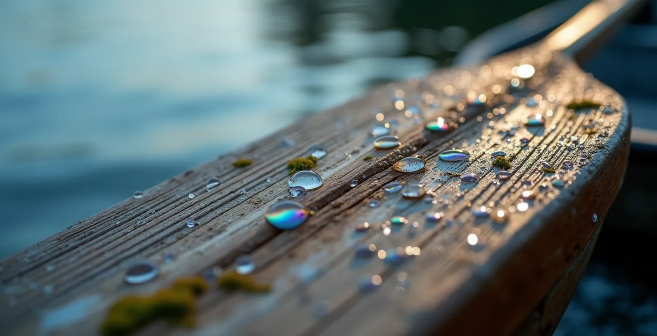 Détail macro de gouttelettes d'eau sur une rame en bois traditionnel