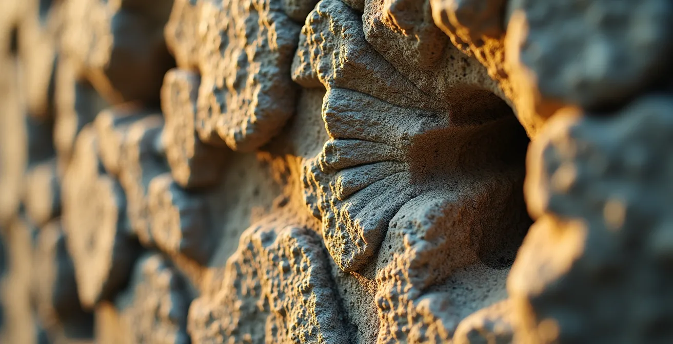 Gros plan sur des détails de pierre ancienne montrant l'usure naturelle et la patine du temps