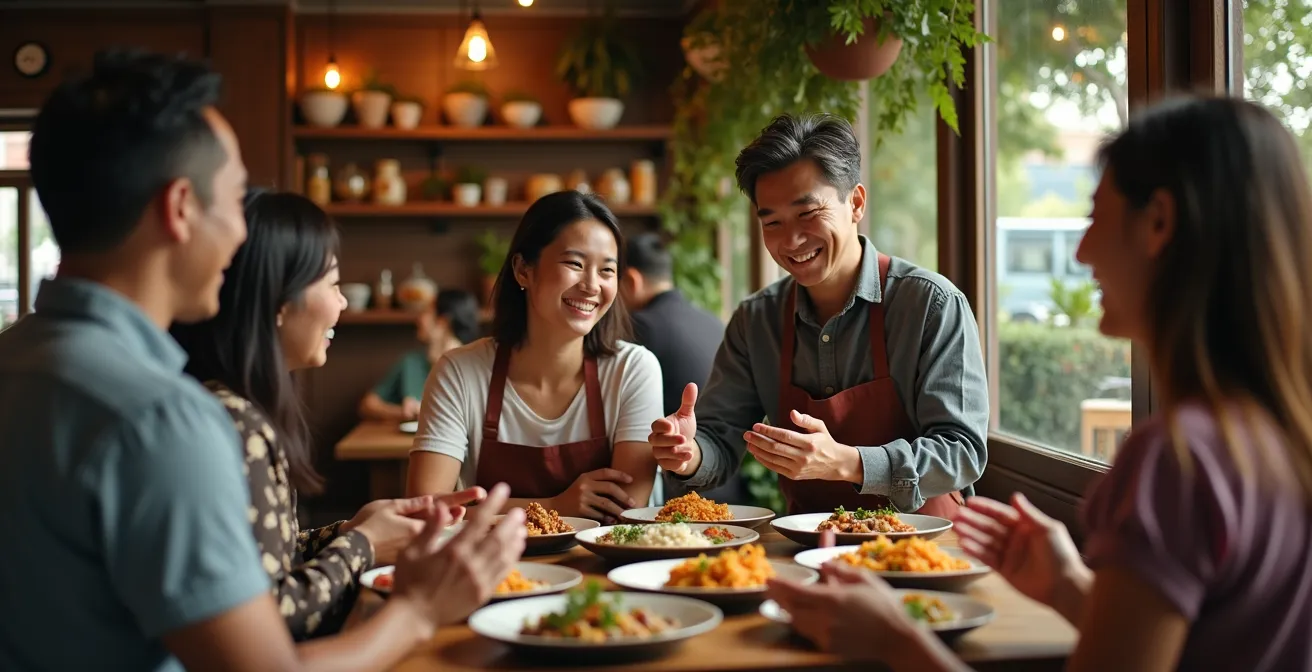 Serveur souriant présentant des plats traditionnels à des voyageurs dans un petit restaurant familial