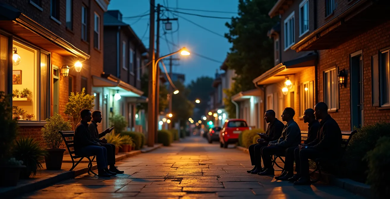 Vue nocturne d'une rue de quartier populaire avec éclairage chaleureux des fenêtres et commerces locaux ouverts