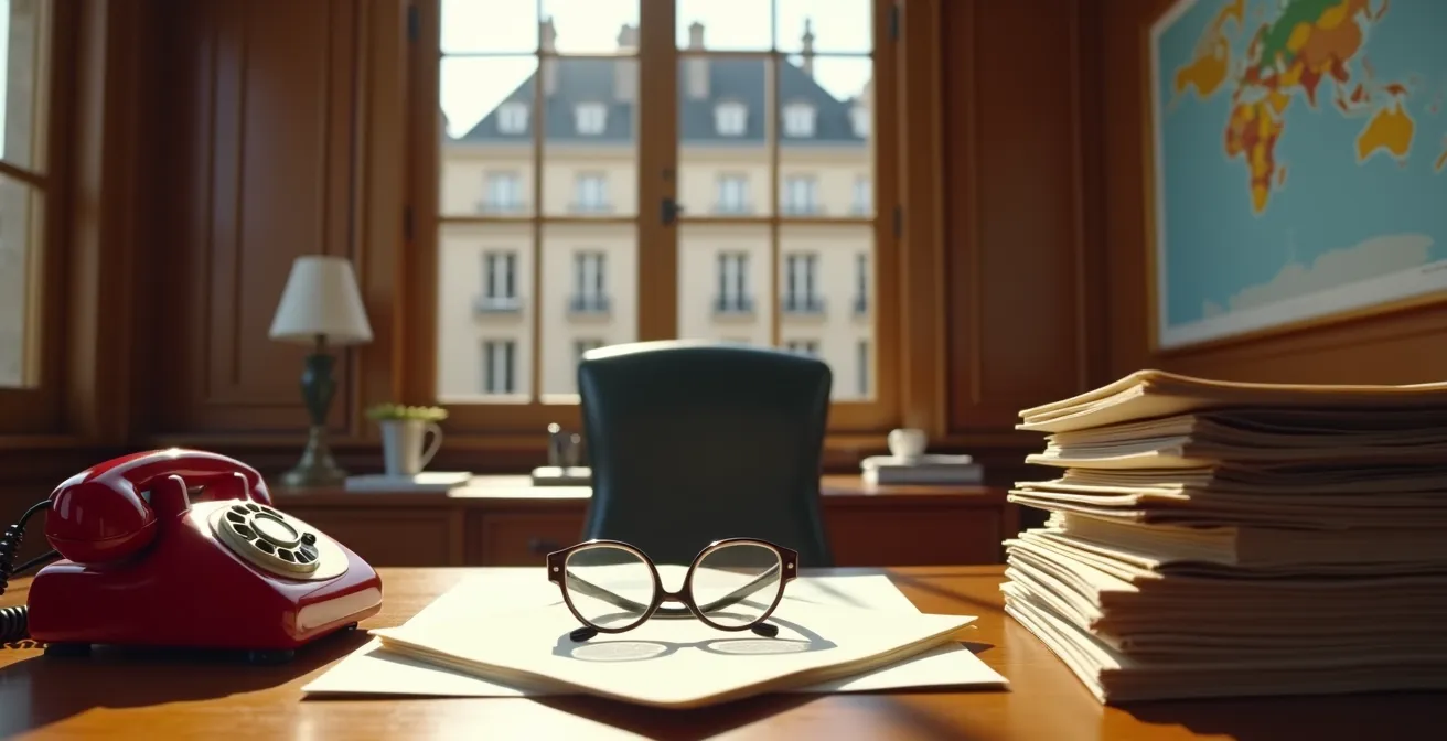 Bureau consulaire avec documents administratifs et téléphone rouge d'urgence