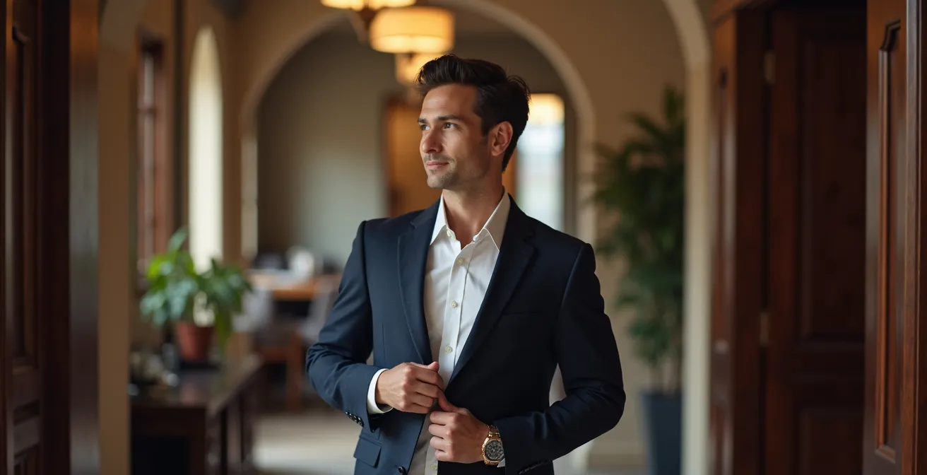 Personne ajustant un blazer élégant dans le hall d'entrée d'un restaurant de luxe