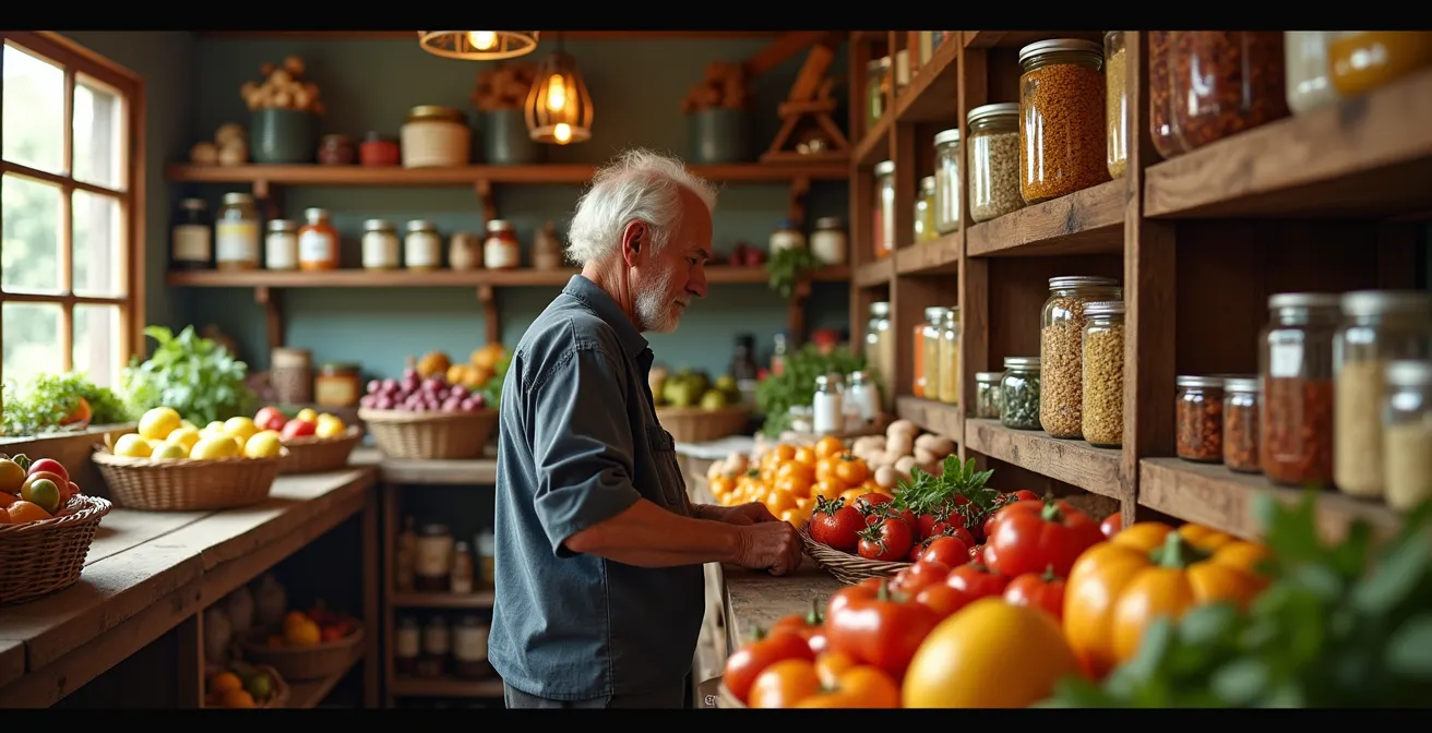 Intérieur chaleureux d'une épicerie de village avec produits du terroir sur étagères en bois