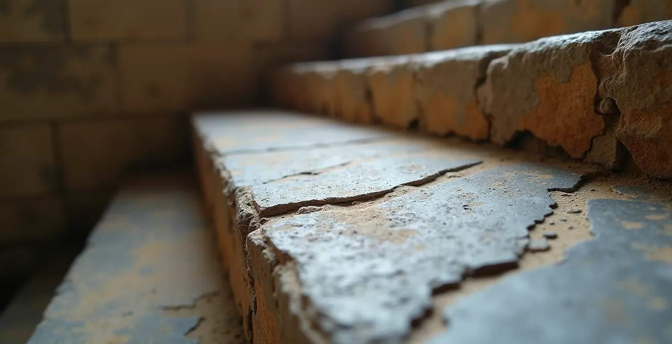 Escalier en pierre médiéval montrant l'usure naturelle des marches par des siècles de passages