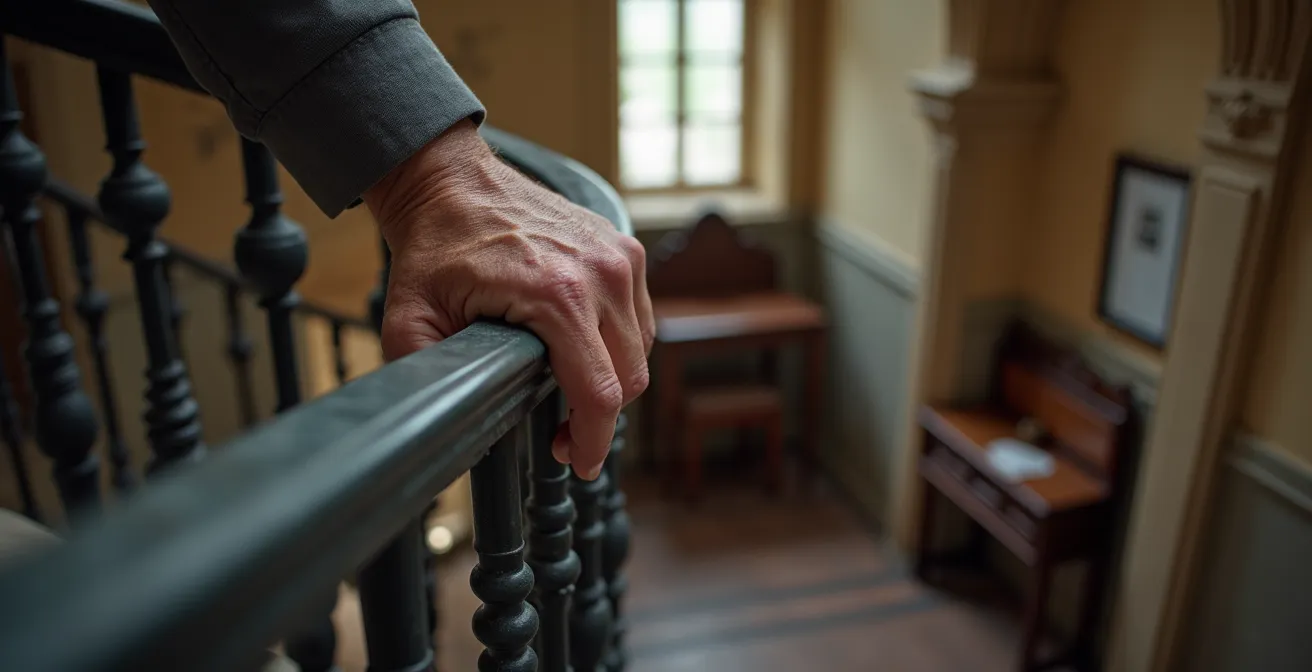 Escalier en pierre d'un château avec rampe en fer forgé, éclairage chaleureux et palier de repos
