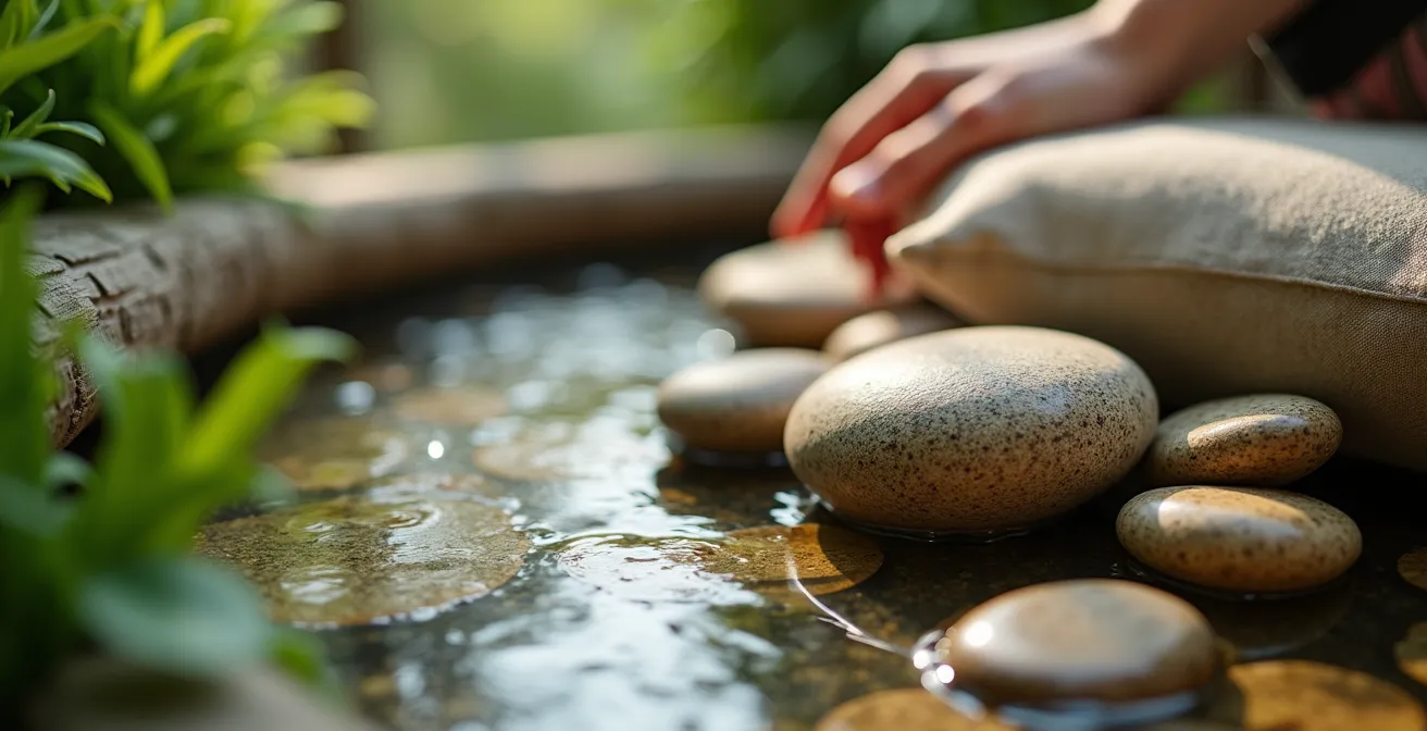 Hall d'hôtel lumineux avec espaces de transition, végétation naturelle et sièges confortables créant une atmosphère de décompression
