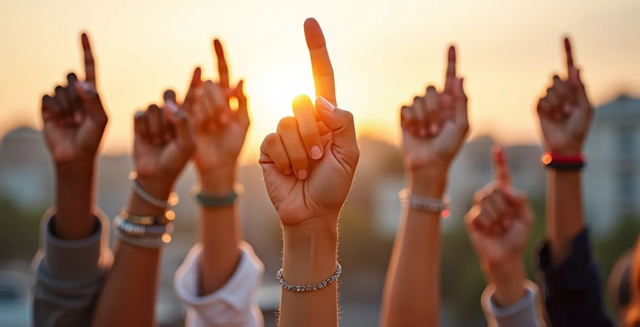 Groupe de personnes votant à main levée sur une terrasse ensoleillée avec vue sur la ville