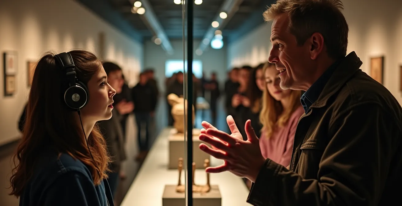 Guide passionné expliquant une œuvre à un groupe d'adolescents captivés dans un musée