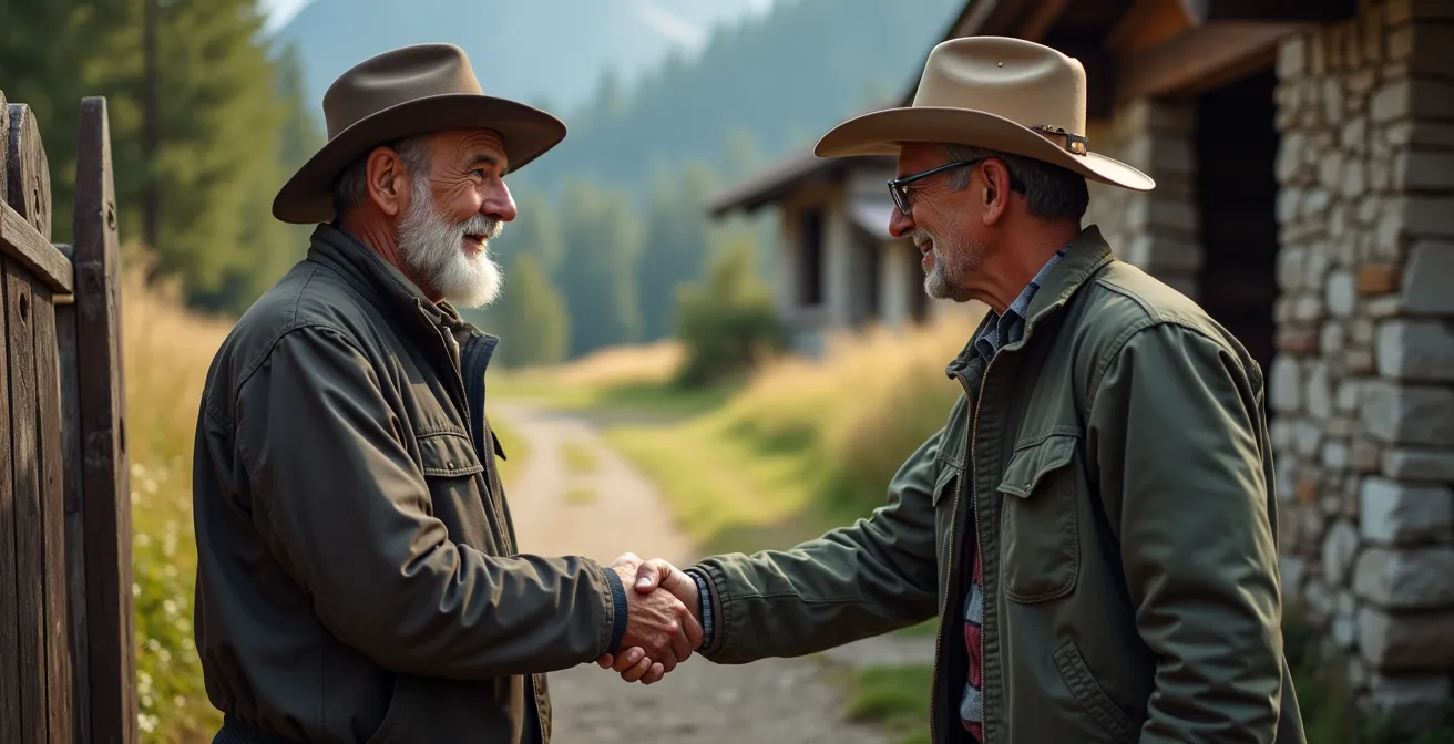 Guide de montagne discutant avec un propriétaire terrien devant une barrière en bois traditionnelle