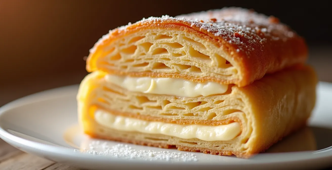 Vue macro d'une pâtisserie innovante révélant les couches et textures complexes