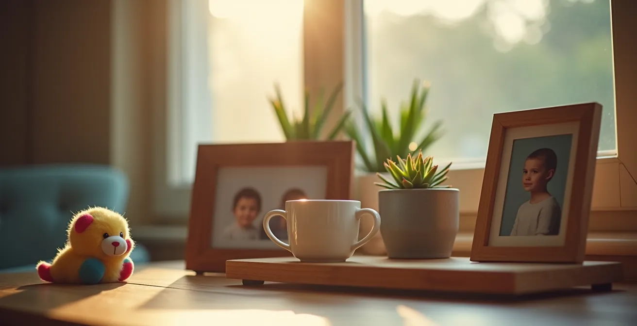 Collection d'objets personnels créant une atmosphère familière dans une résidence temporaire