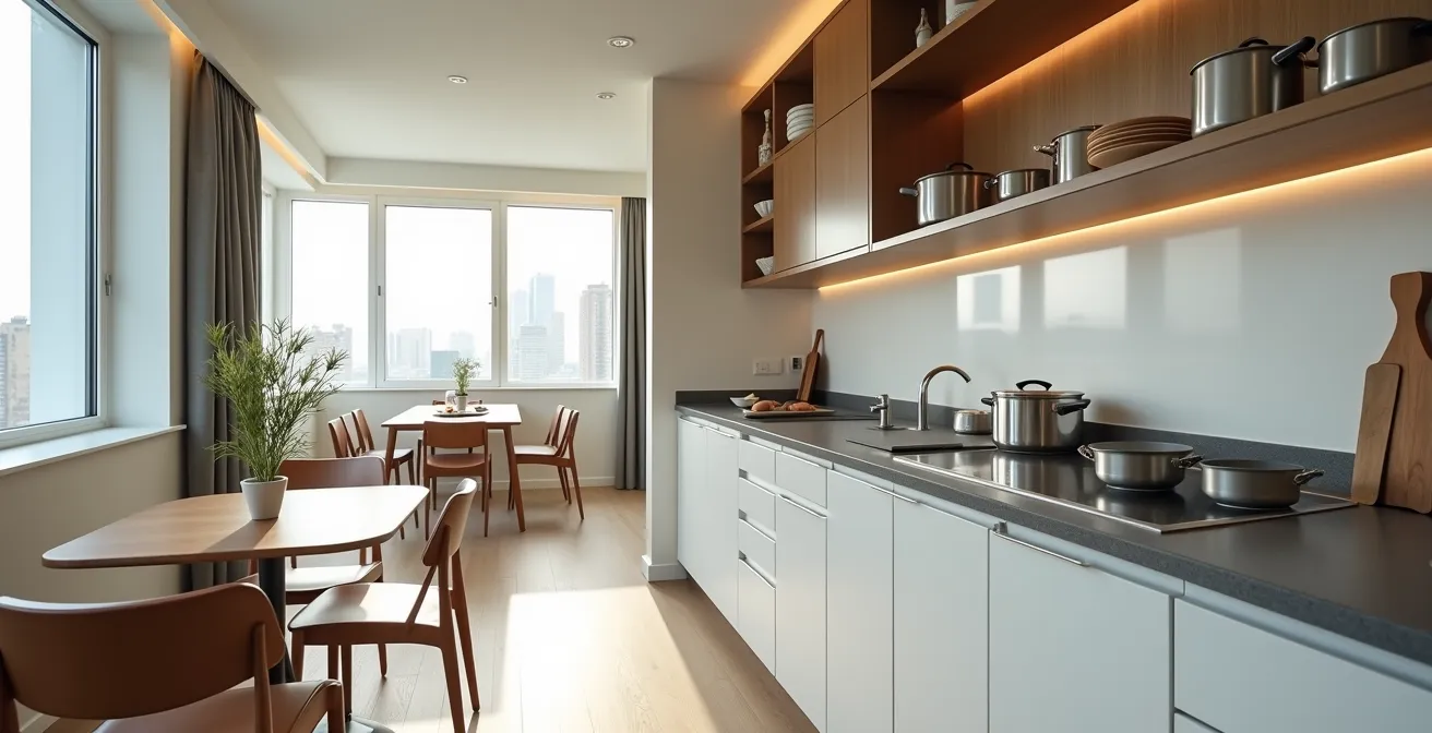 Kitchenette moderne et fonctionnelle dans une résidence hôtelière avec équipements complets