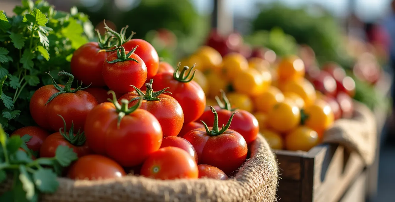 Marché de producteurs locaux avec étals de légumes colorés et vignerons