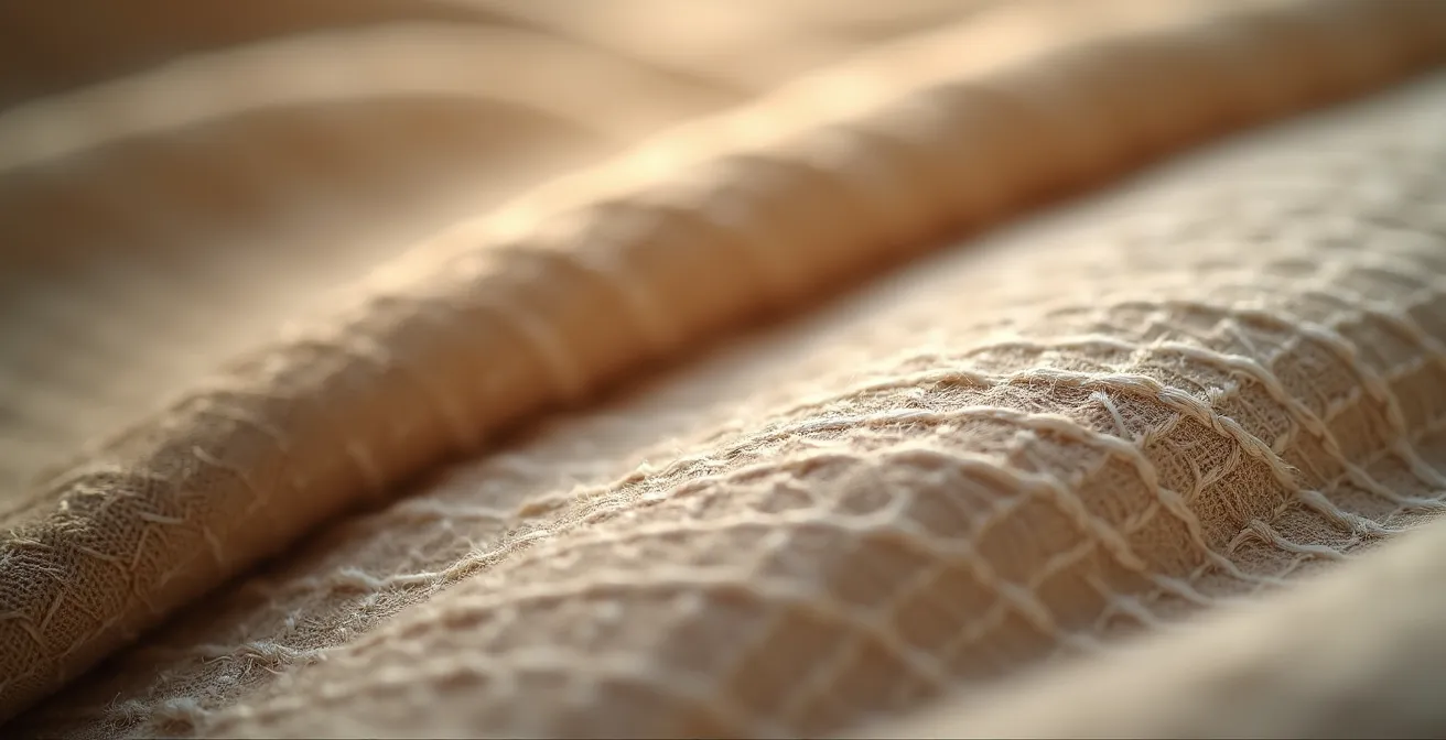 Gros plan sur textures de matériaux naturels : chanvre, laine et bois non traité