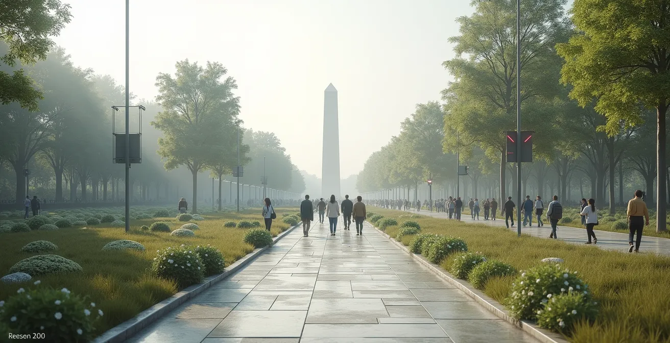 Gros plan sur les mesures de protection d'un site UNESCO avec barrières discrètes intégrées au paysage