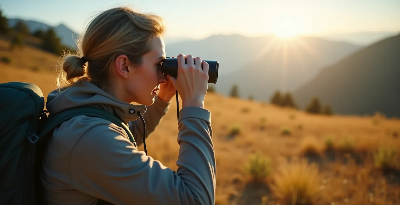 Randonneur observant la faune sauvage à distance respectueuse avec des jumelles