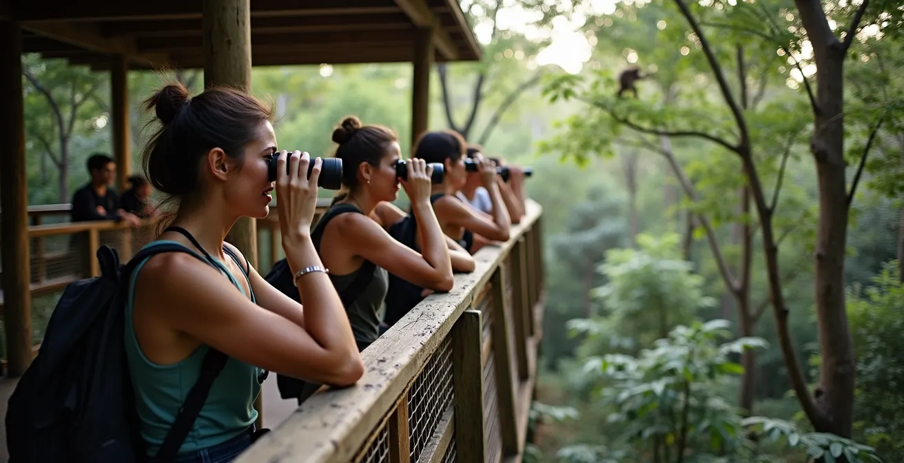 Touristes observant discrètement des singes depuis une plateforme d'observation surélevée dans la jungle