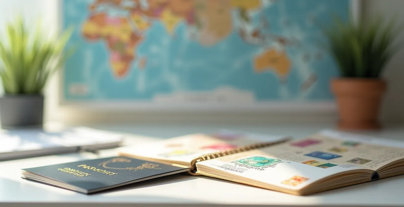 Vue environnementale d'un bureau avec passeport ouvert montrant des tampons colorés, carte du monde floue en arrière-plan