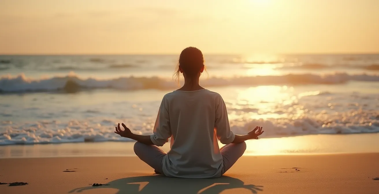 Silhouette d'une personne méditant face à l'océan au lever du soleil, l'horizon dégagé créant une sensation d'espace et de liberté