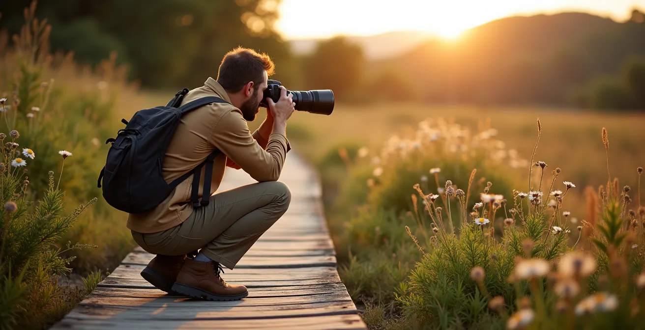 Photographe naturaliste utilisant un téléobjectif pour capturer une fleur endémique sans s'approcher
