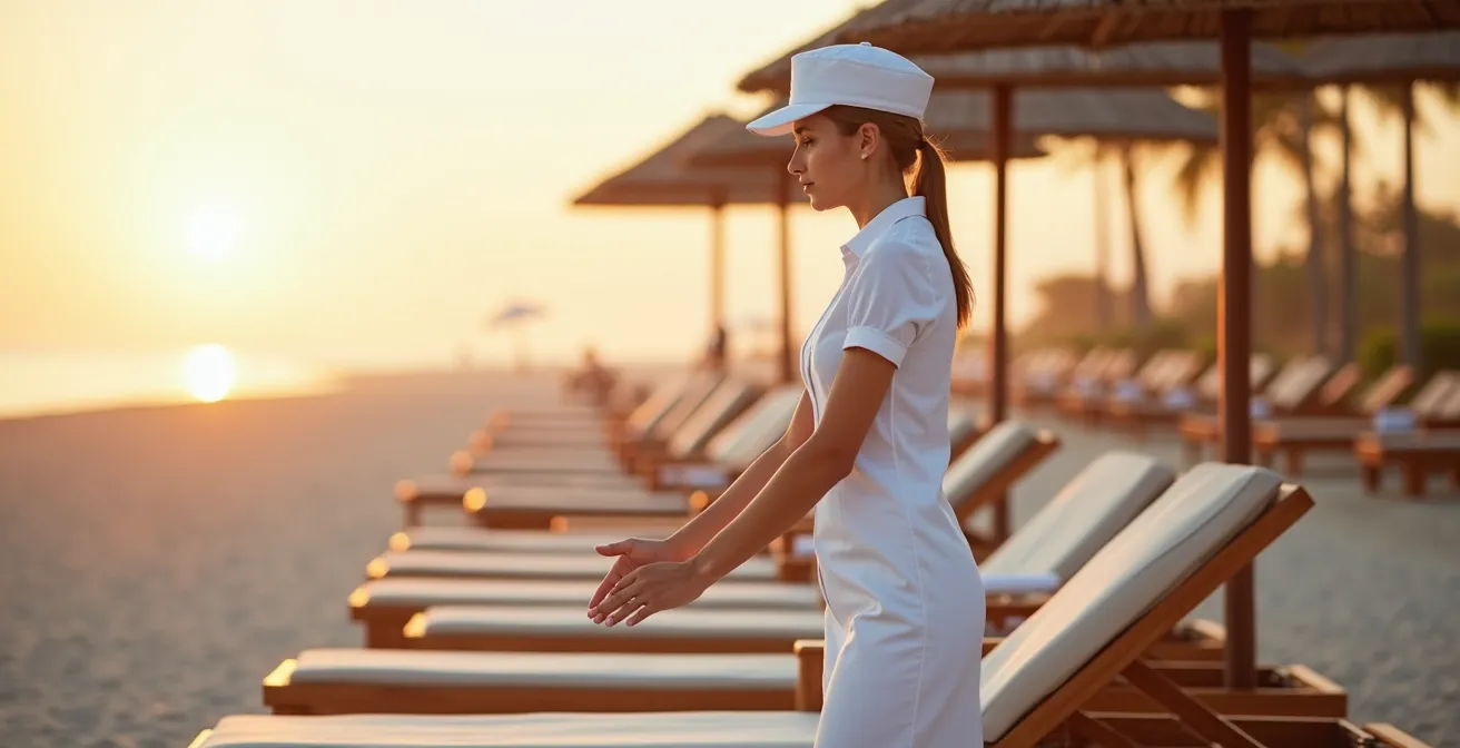 Plagiste en uniforme blanc arrangeant des transats sur une plage privée au petit matin