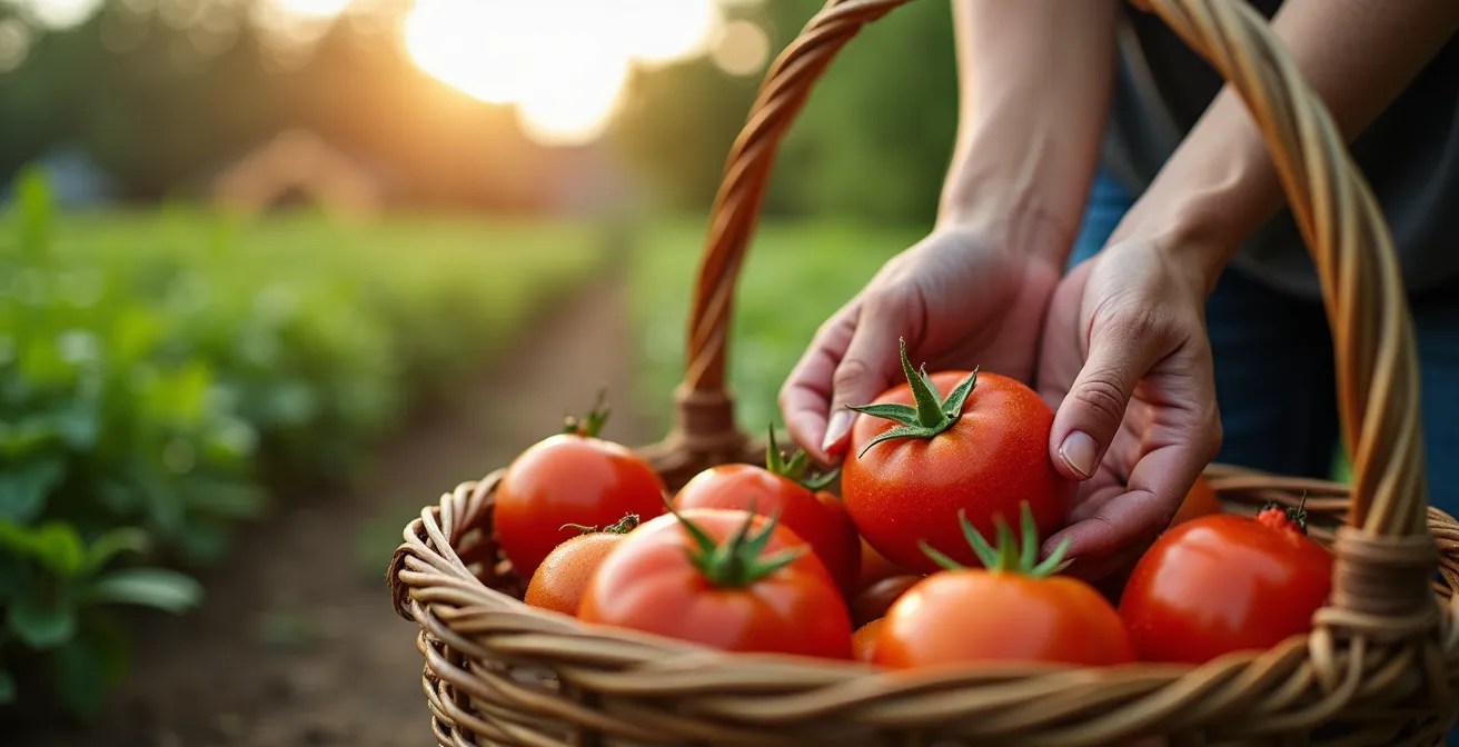 Chef cueillant des légumes dans le potager biologique de l'écolodge au lever du soleil