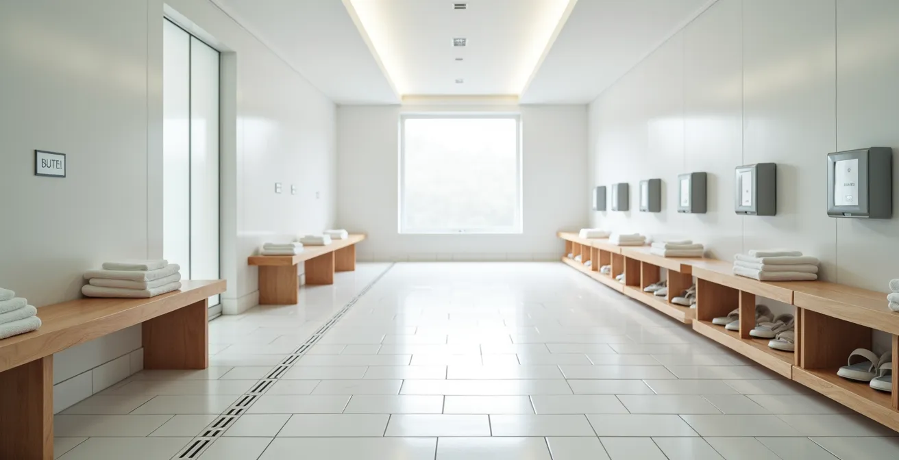 Espace vestiaire thermal avec équipements d'hygiène obligatoires