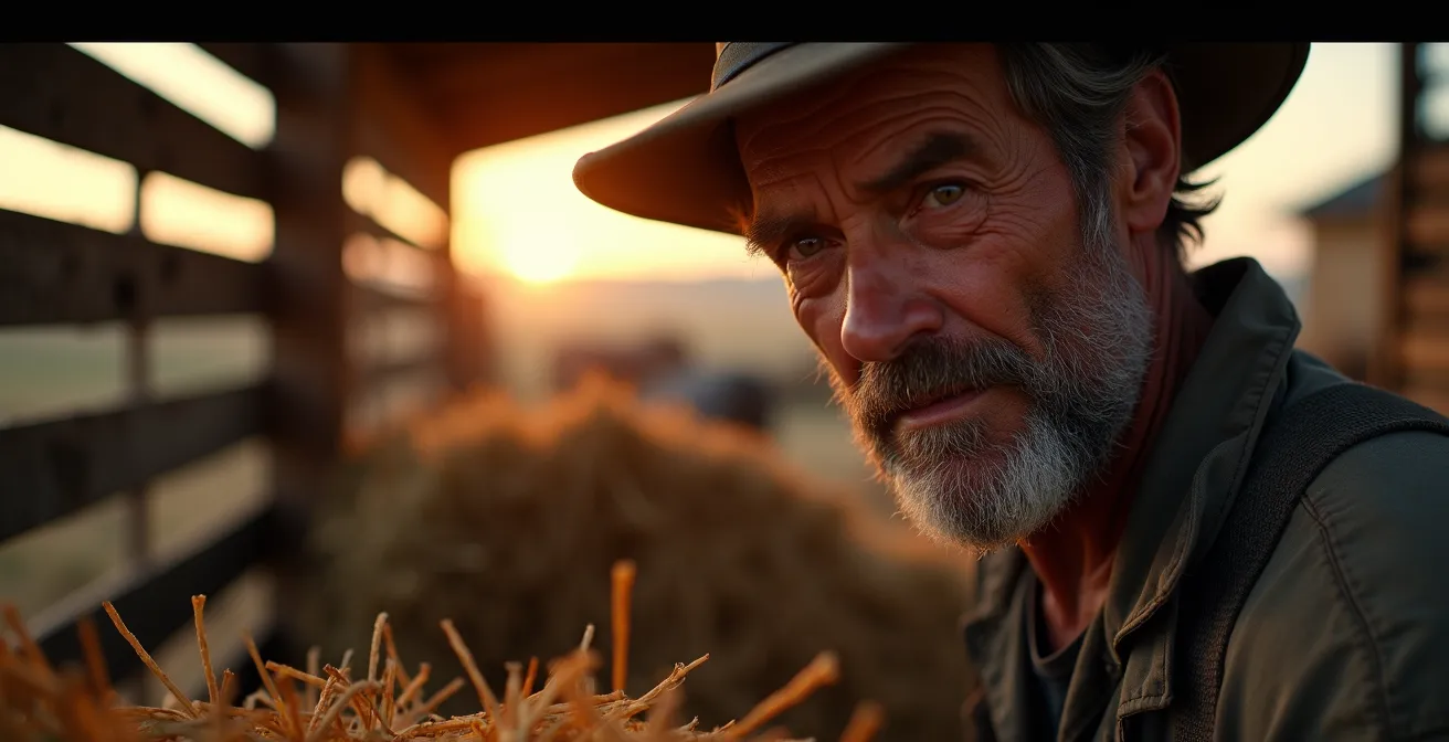 Agriculteur fatigué à l'aube dans une étable, contrastant avec la vision romantique de la ferme