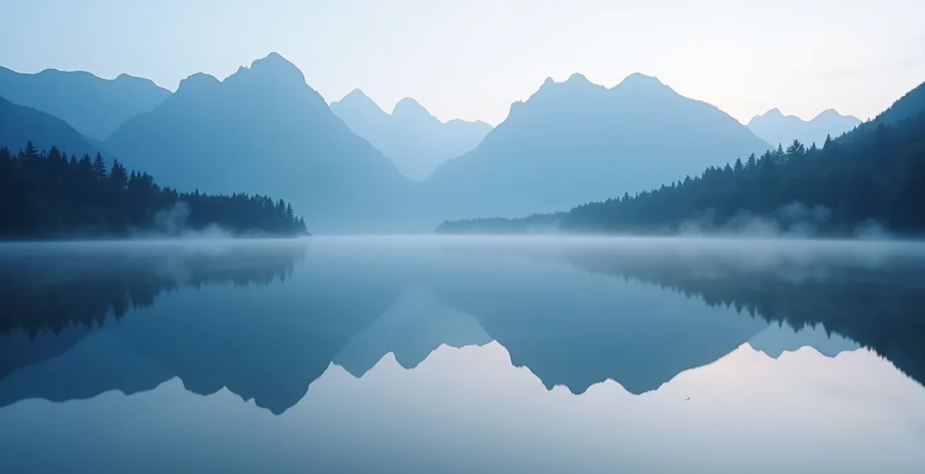 Surface d'eau parfaitement lisse reflétant les montagnes alpines à l'aube
