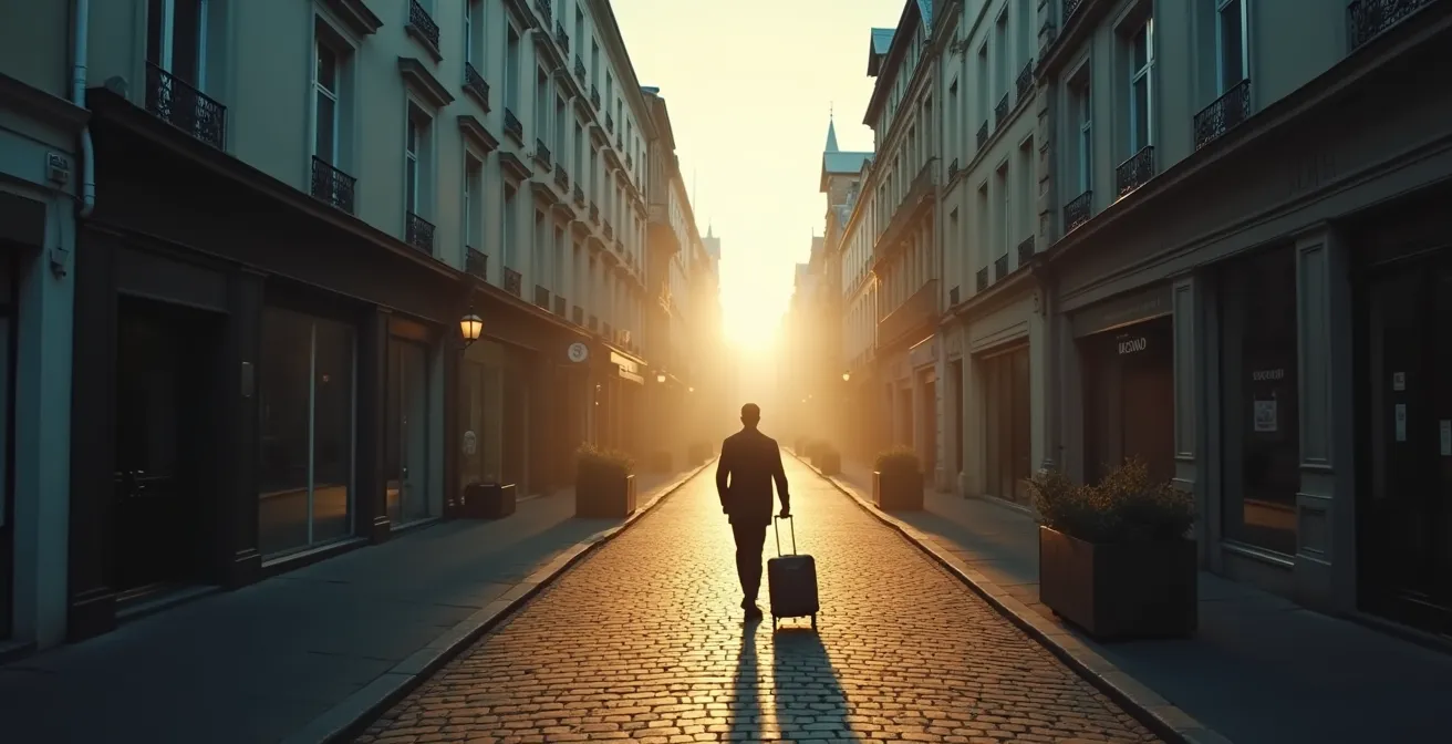 Vue aérienne d'une personne marchant seule dans une rue familière avec valise