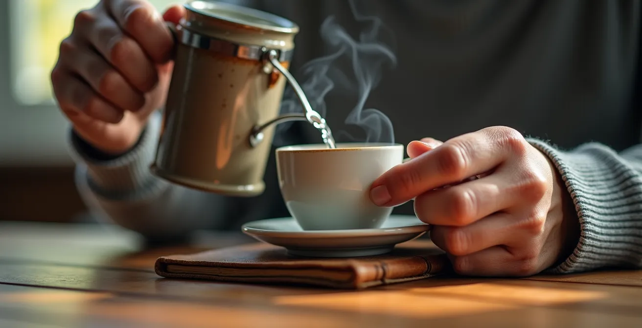 Gros plan sur les mains d'un nomade préparant son café matinal avec des objets personnels familiers