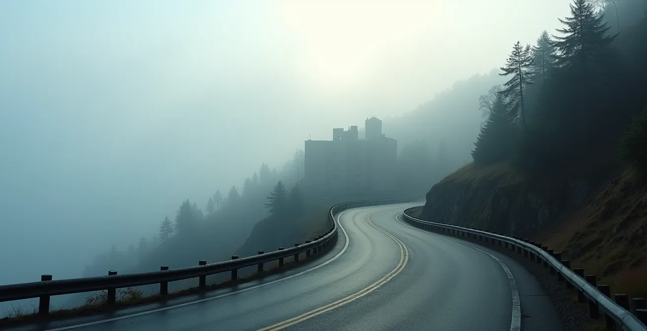 Route sinueuse de montagne menant vers un château perché dans la brume