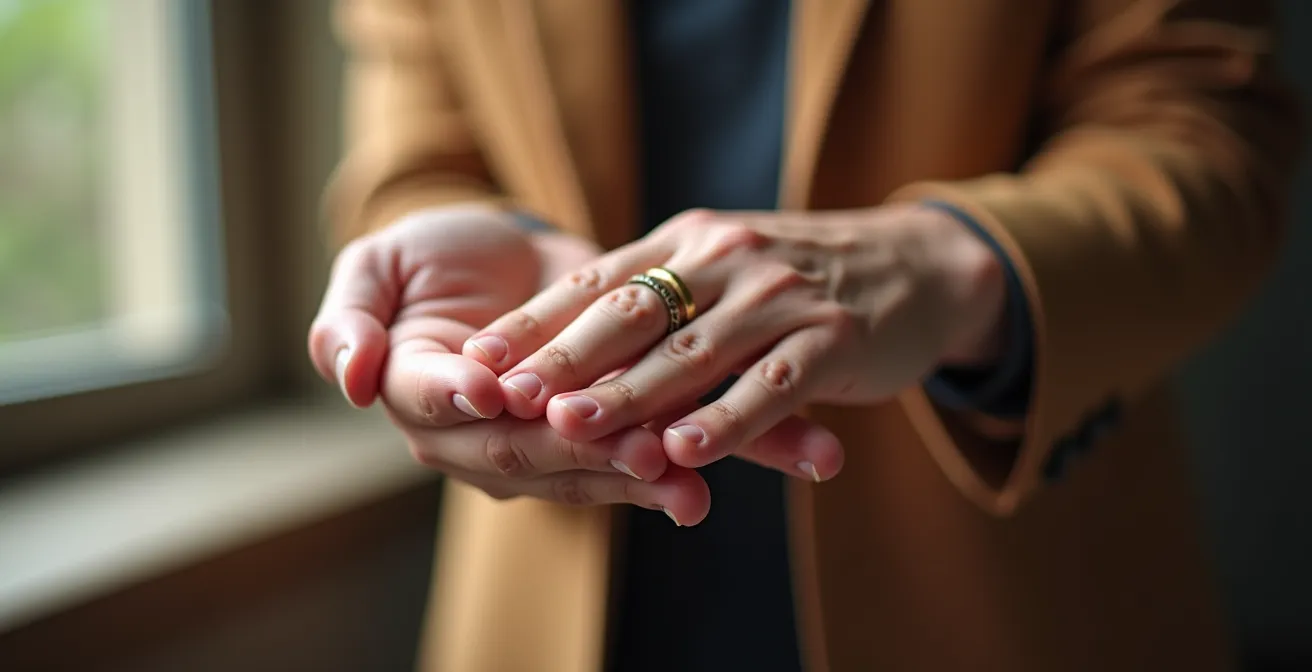 Détail macro de mains jointes en position de salutation respectueuse, texture de la peau visible
