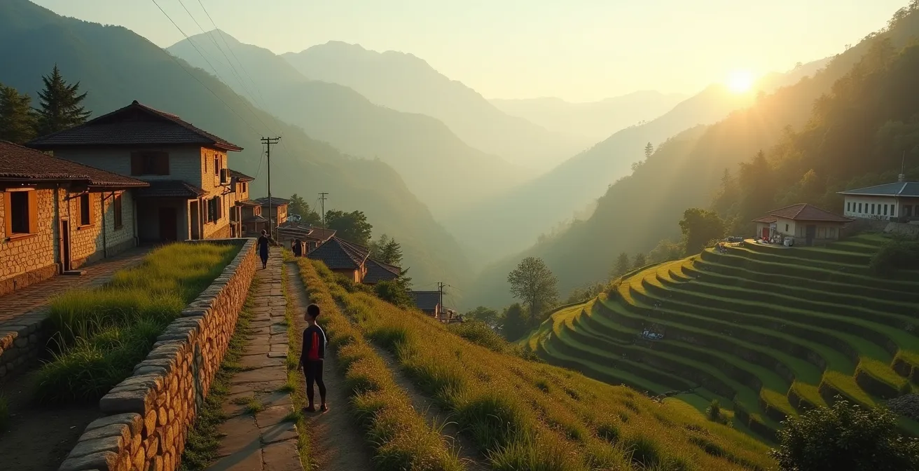 Vue panoramique d'un village rural avec un voyageur intégré dans les activités quotidiennes locales